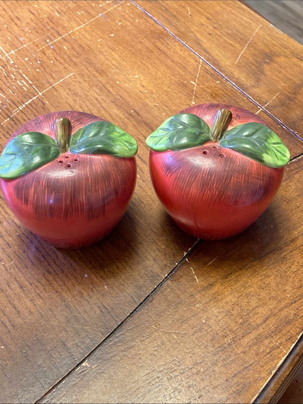 Vintage Red Apple Salt and Pepper Shakers with Green Leaves